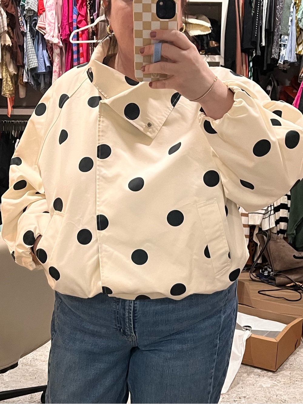 Zara Cream Bomber Jacket with Black Polka Dots